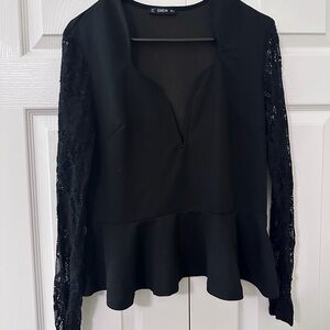 SHEIN Elegant Black Lace Peplum Blouse